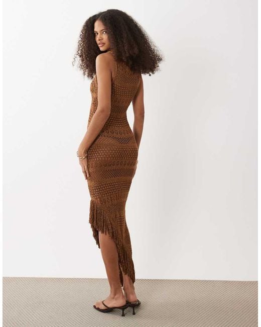 River Island Brown Metallic Fringed Asymmetric Knitted Midi Dress