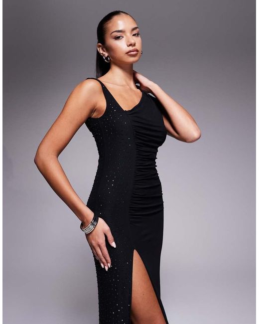AFRM Blue Hotfix Drape Detail Asymmetric Strap Thigh Split Maxi Dress