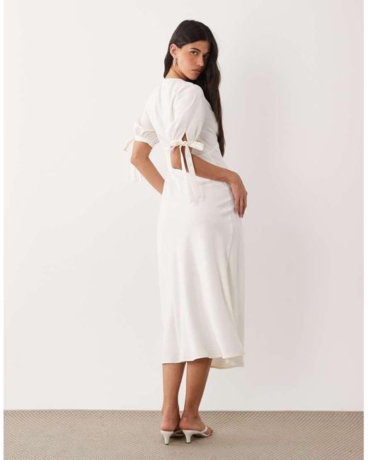 Y.A.S Pink V Neck Lace Trim Romantic Satin Midi Dress With Tie Sleeve Details