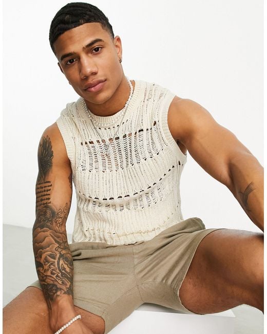 ASOS Natural Knit Tank With Open Ladder Stitch for men