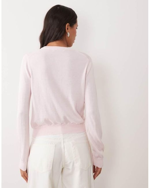Mango Pink Round Neck Cardigan With Lace Trim