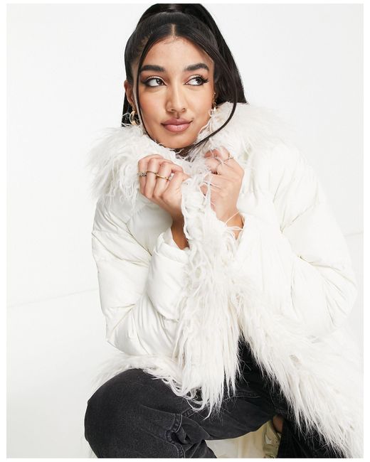 Miss Selfridge White Mongolian Faux Fur Longline Puffer Coat