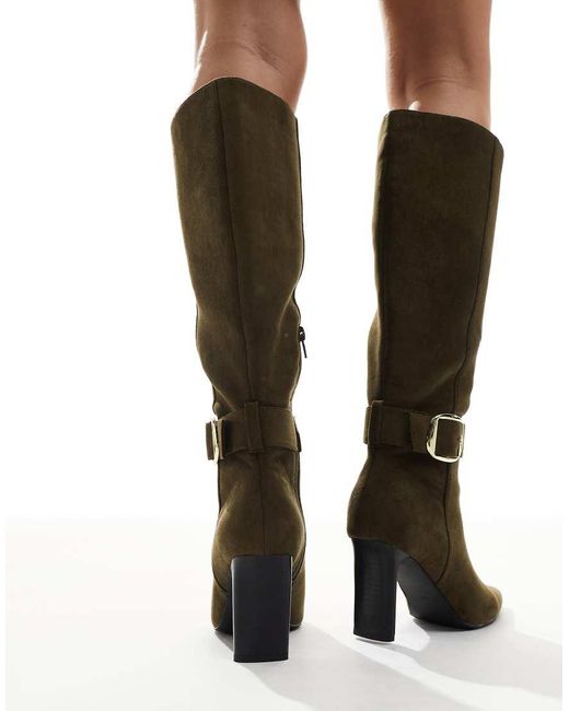 London Rebel Black Leah Kitten Heel Knee Boots With Buckle Detail
