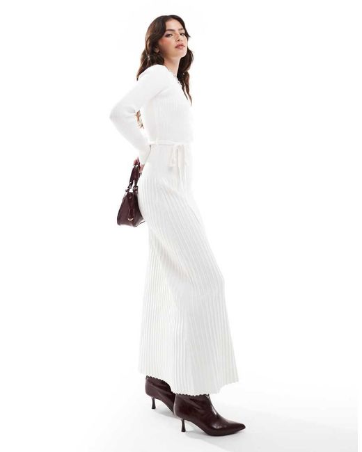 4th & Reckless White Ribbed Knit Pleat Skirt Detail Tie Waist Maxi Dress