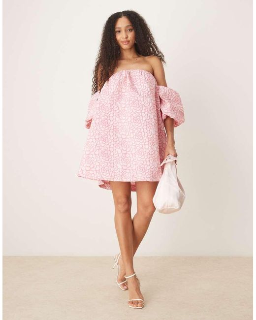 Y.A.S Pink Textured Rose Jaquard Off Shoulder Mini Dress