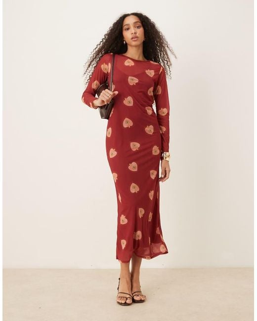 Never Fully Dressed Red Long Sleeve Heart Print Mesh Maxi Dress