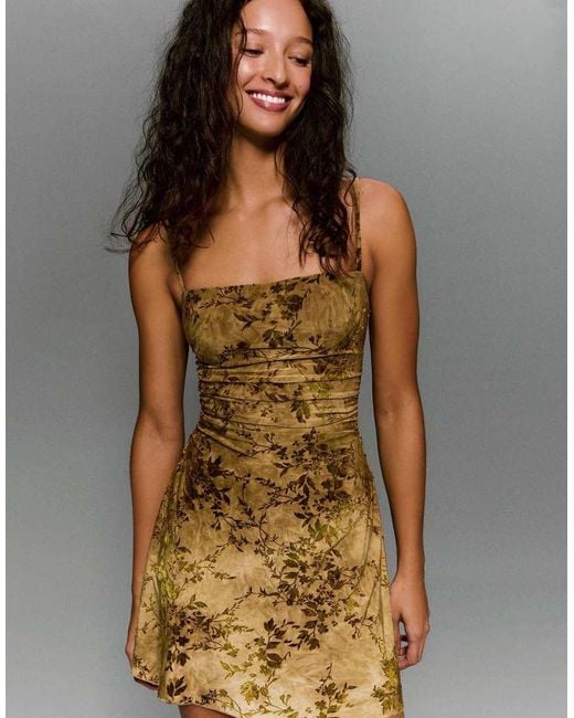 Bershka Green Mini Tulle Velvet Effect Print Dress