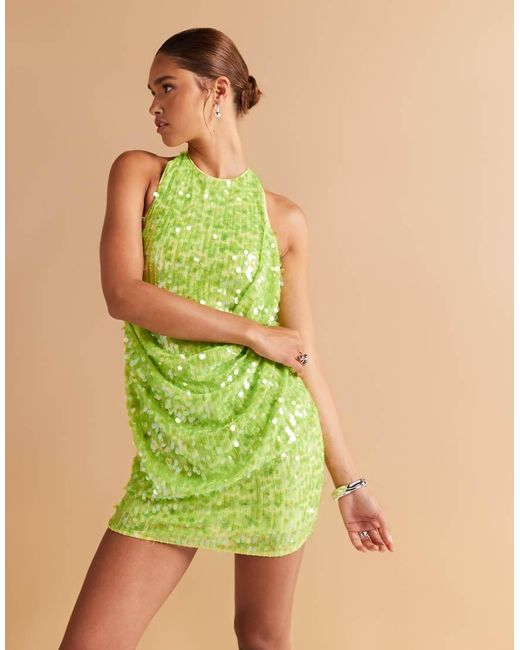 ASOS Green Embellished Sequin Draped Front Mini Dress With High Neck And Open Back