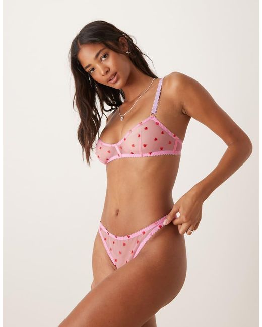 Dora Larsen Pink Priya Tulle Heart Embroidered Lingerie Thong