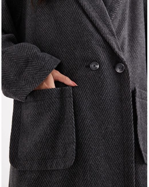 Daisy Street Black Large Herringbone Cocoon Coat With Deep Turn Up Cuffs