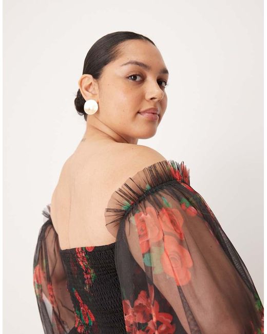 Lace & Beads Plus Multicolor Off Shoulder Balloon Sleeve Tulle Maxi Dress
