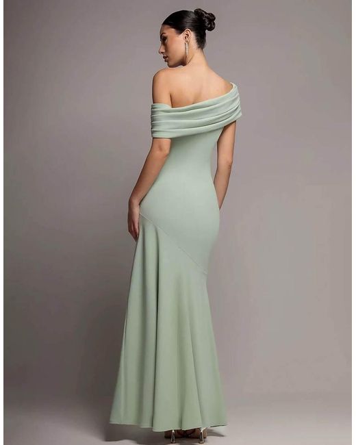 Goddiva Green Pleated One Shoulder Bardot Fit And Flare Maxi Dress
