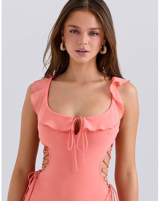 House Of Cb Red Aloura Coral Georgette Ruffle Maxi Dress