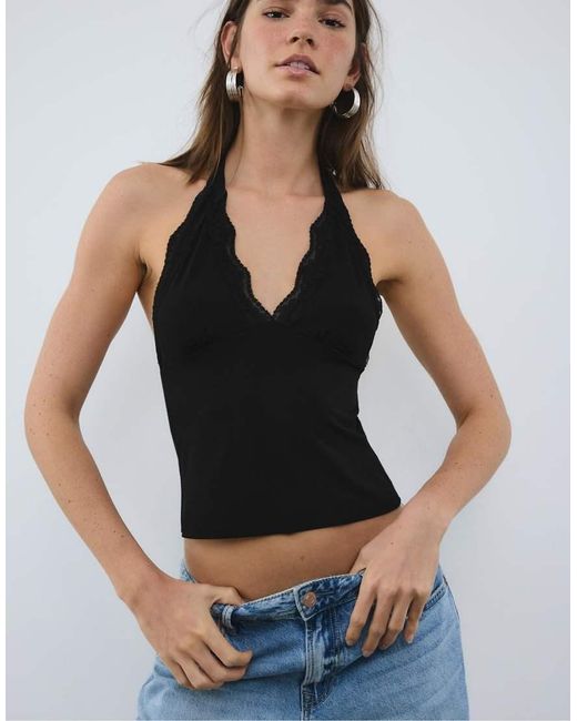 Stradivarius Black Lace Halter Top