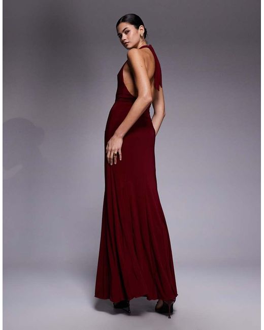 Fashionkilla Red Exclusive Double Sculpted Slinky Plunge Halterneck Godet Hem Maxi Dress