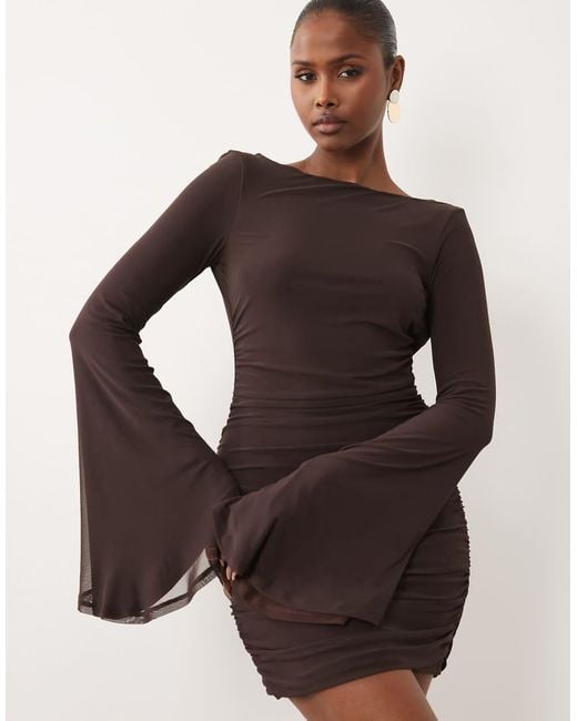 ASOS Brown Mesh Waterfall Sleeve Ruched Mini Dress