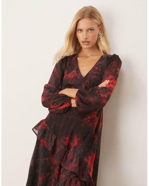 Lovedrobe Brown V Neck Blouson Sleeve Ruffle Midaxi Dress