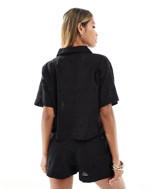 In The Style Black Broderie Cropped Shirt Co-ord