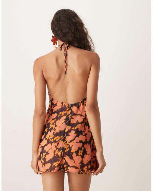 floral print halter backless mini dress Abstract Floral Print Satin Ruched Halter Neck Strappy Backless Mini D –  MissOdd-Egypt main image 1