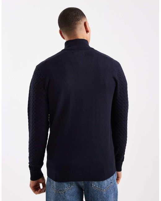 Threadbare Blue Textured 1/4 Zip Knitted Jumper for men