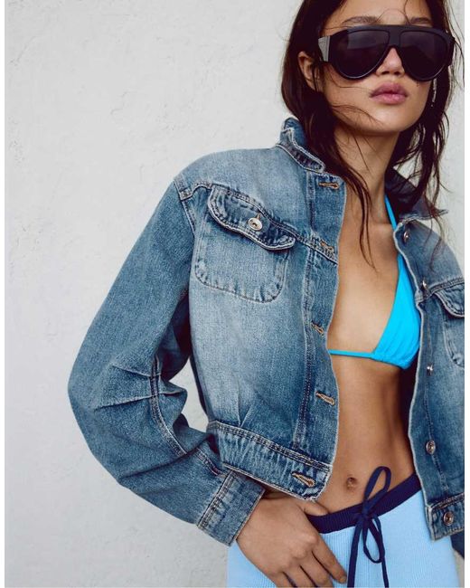 Bershka Blue Cropped Balloon Denim Jacket