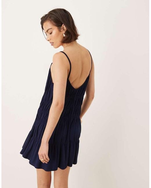 Mango Blue Shirred Strappy Mini Dress
