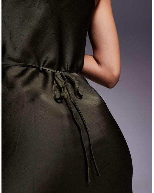 Vestido Midi Caqui Con Cuello Desbocado De Satén De -Verde New Look de color Blue