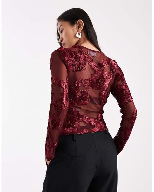ASOS Red Mesh Embroide Floral Long Sleeve Top