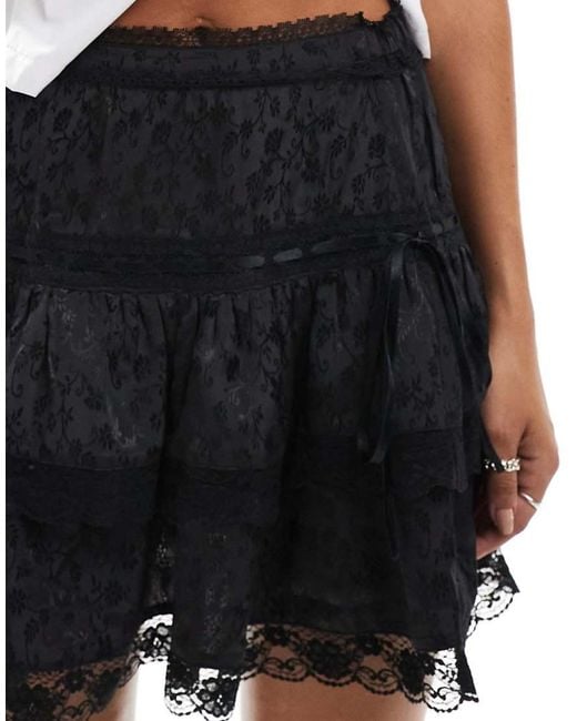 Miss Selfridge Black Satin Jacquard Lace Insert Mini Prairie Skirt