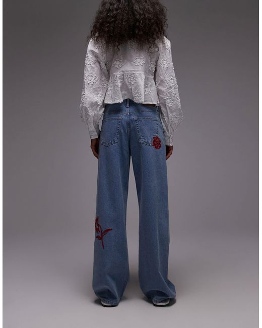 TOPSHOP Blue Mid Rise Loose Fit Jean With Red Floral Embroidery
