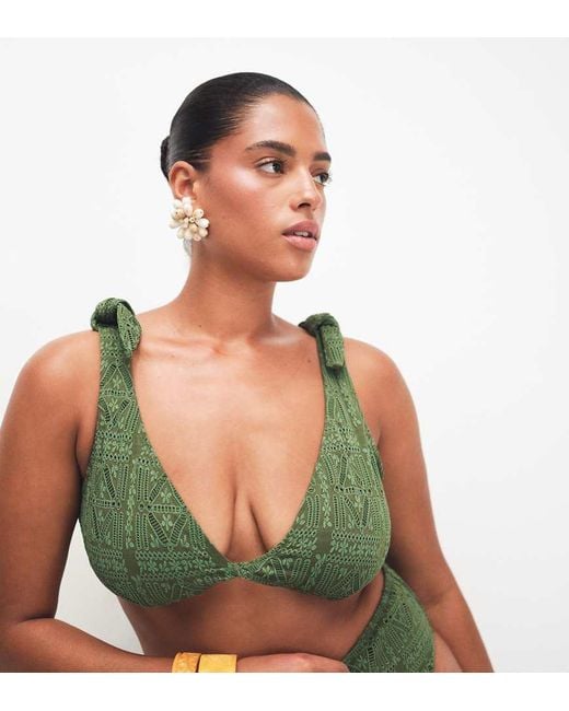 ASOS Green Asos Design Curve Kyle Broderie Twist Front Crop Bikini Top