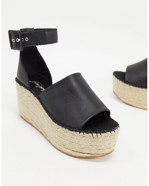 Free People Leather Coastal Platform Wedge Espadrille Sandals in Black