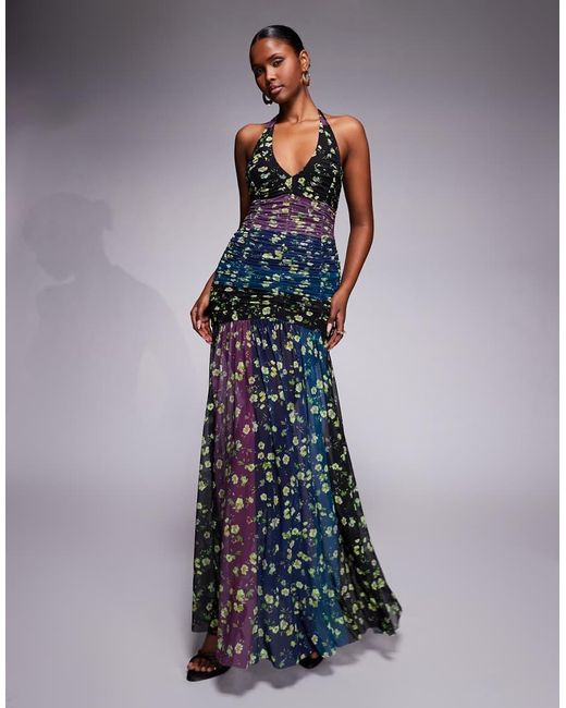 AFRM Blue Melissa Mesh Halter Neck Ruched Drop Waist Maxi Dress