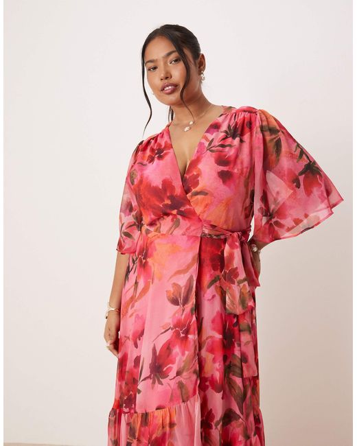Hope & Ivy Plus Red Flutter Sleeve Maxi Wrap Dress