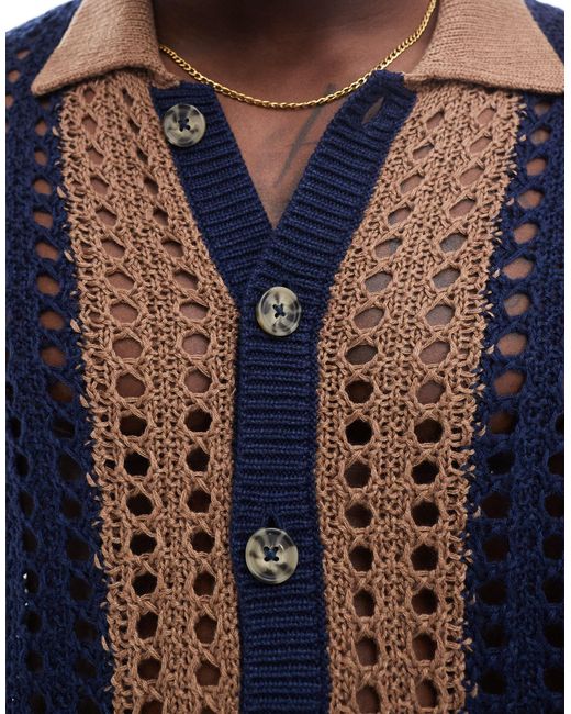 ASOS Blue Knitted Pointelle Button Through Polo for men