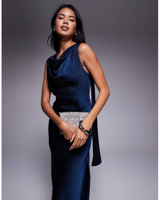 ASOS Blue Satin Drape Neckline Midi Dress With Long Tie Back Detail And Split