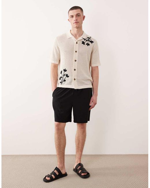 Only & Sons Natural Open Knit Crochet Shirt With Floral Embroidery for men