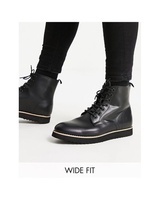 truffle collection wide fit chunky lace up boots in black
