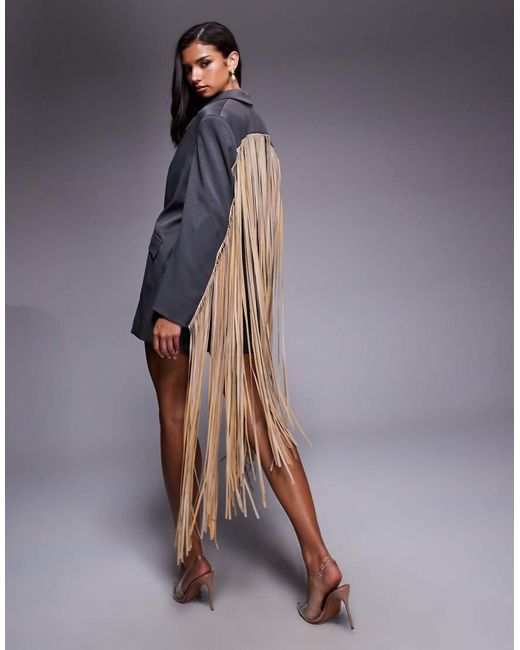 ASOS Gray Oversized Blazer Dress With Faux Leather Fringing