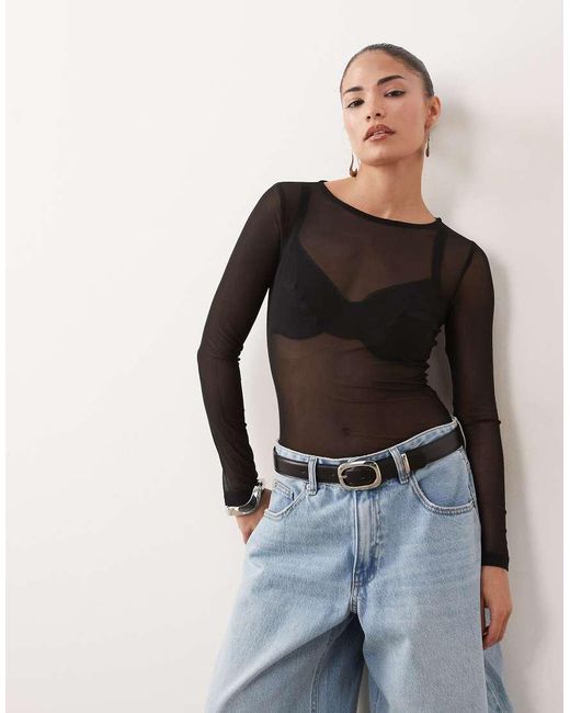 ASOS Black Asos Design Petite Mesh Long Sleeve Bodysuit