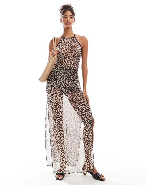 Pieces White – neckholder-maxi-strandkleid aus netzstoff mit leopardenmuster