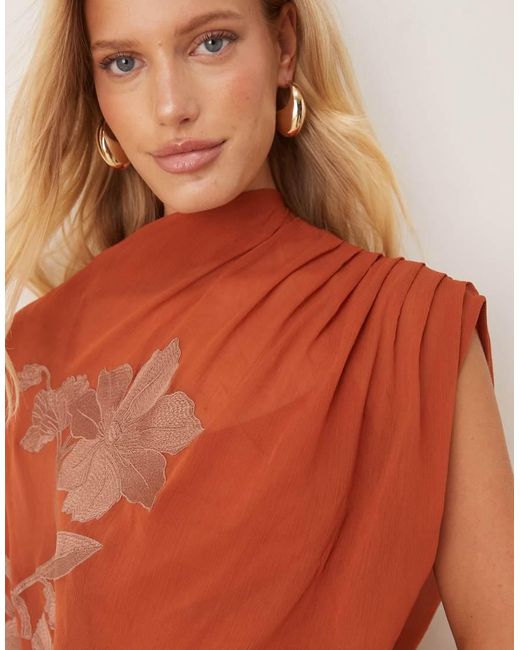 ASOS Orange Tonal Embroidery High Neck Draped Asymmetric Mini Dress With Cut Out