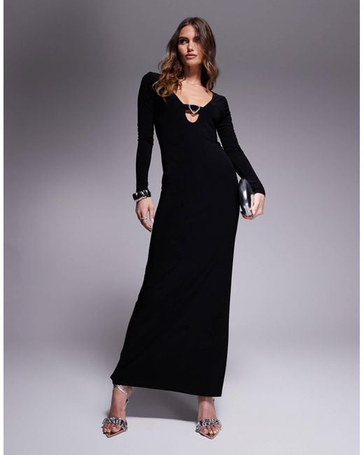 ASOS Women's Black Long Sleeve Heart Trim Maxi Dress With Keyhole
