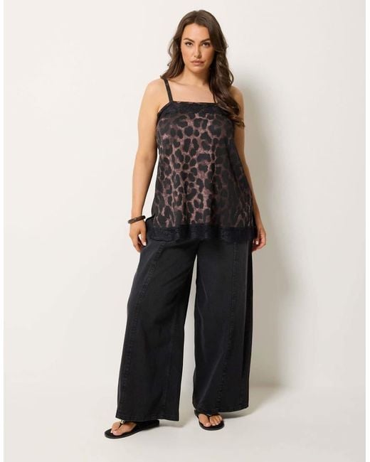 Yours Clothing Black Leopard Print Lace Trim Vest Top
