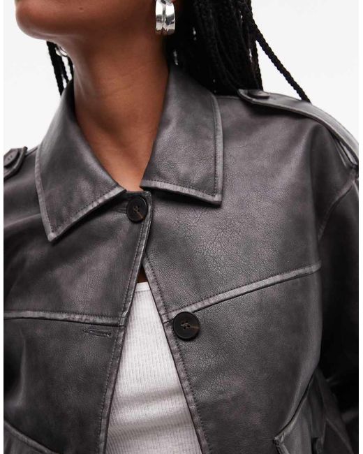 TOPSHOP Gray Faux Leather Cropped Button Thru Patch Pocket Bomber Jacket