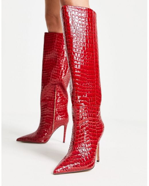 NA-KD Red Croc Print Stiletto Knee High Boots