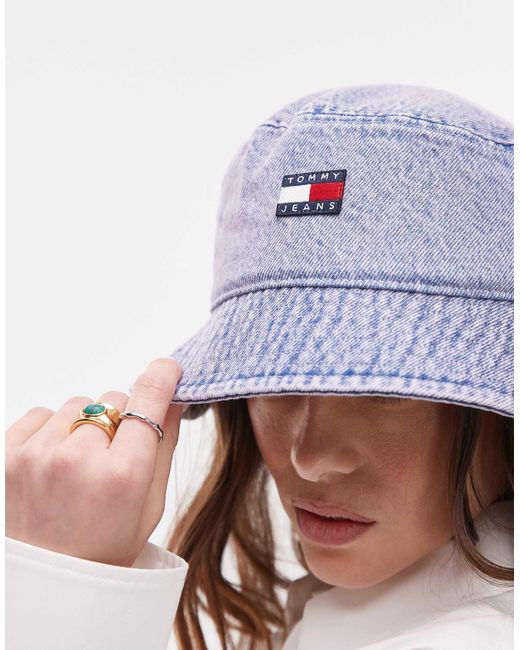 Tommy Hilfiger White Flag Logo Washed Denim Bucket Hat