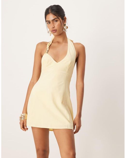 SNDY'S Natural Linen Look Metal Detail Halterneck A Line Mini Dress