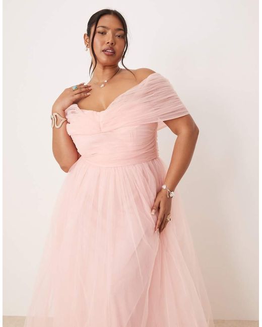 Lace & Beads Plus Maxi Jurk Van Tule Met Blote Schouders En Strik in het Pink
