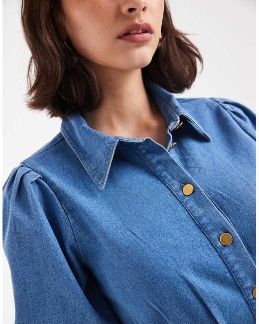 Vero Moda Denim Mini-Jurk Met Pofmouwen En Geplooide Taille in het Blue